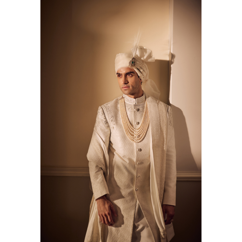 Azeem Ivory Jacquard Sherwani