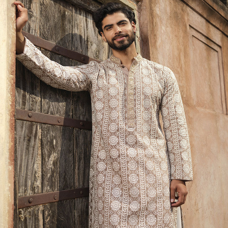 Eid 2024 White Muslin All Over Embroidery Panjabi