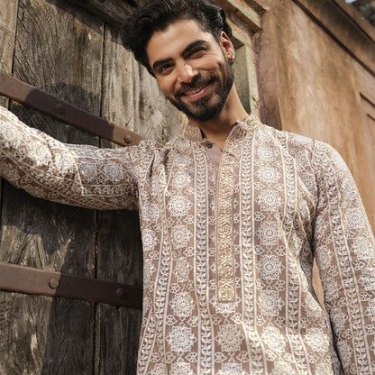 Eid 2024 White Muslin All Over Embroidery Panjabi